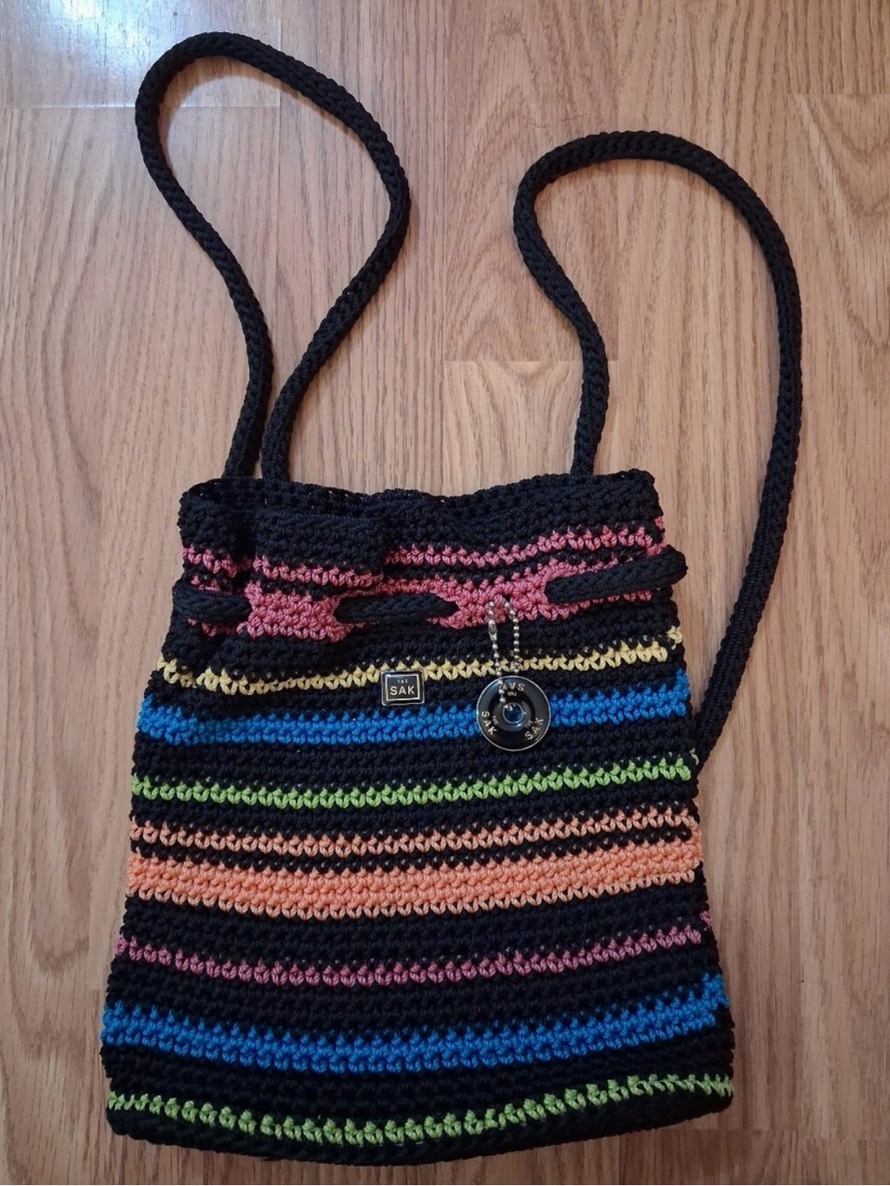 The Sak Black Crochet Crossbody with Multicolor Stripes